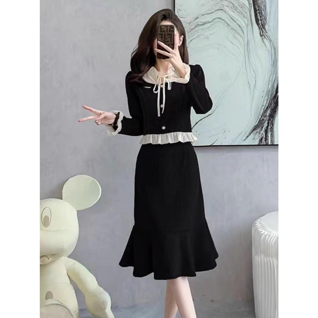black dress hitam elegant party french skirt baju one set korean style wanita terbaru 2025 kekinian 