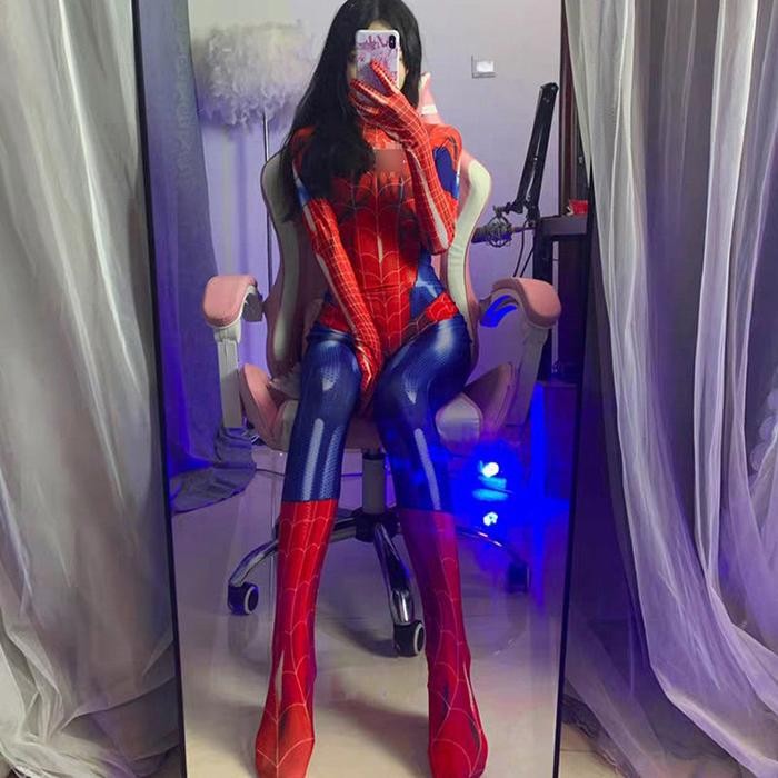 Bodysuit Spandex Spiderman Cosplay Costume - Merah, L