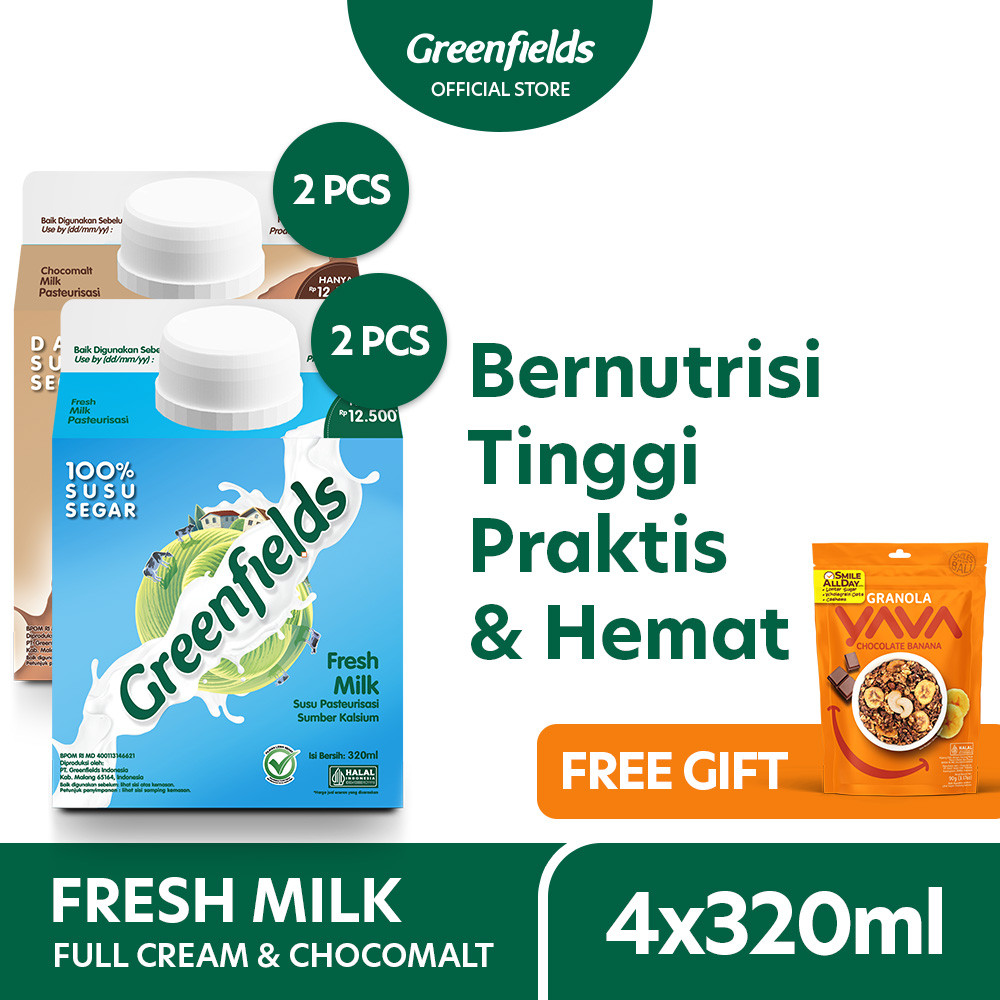 

[Bundling 4] Greenfields Fresh Milk Full Cream & Chocomalt 320 mL - Susu Segar Pasteurisasi
