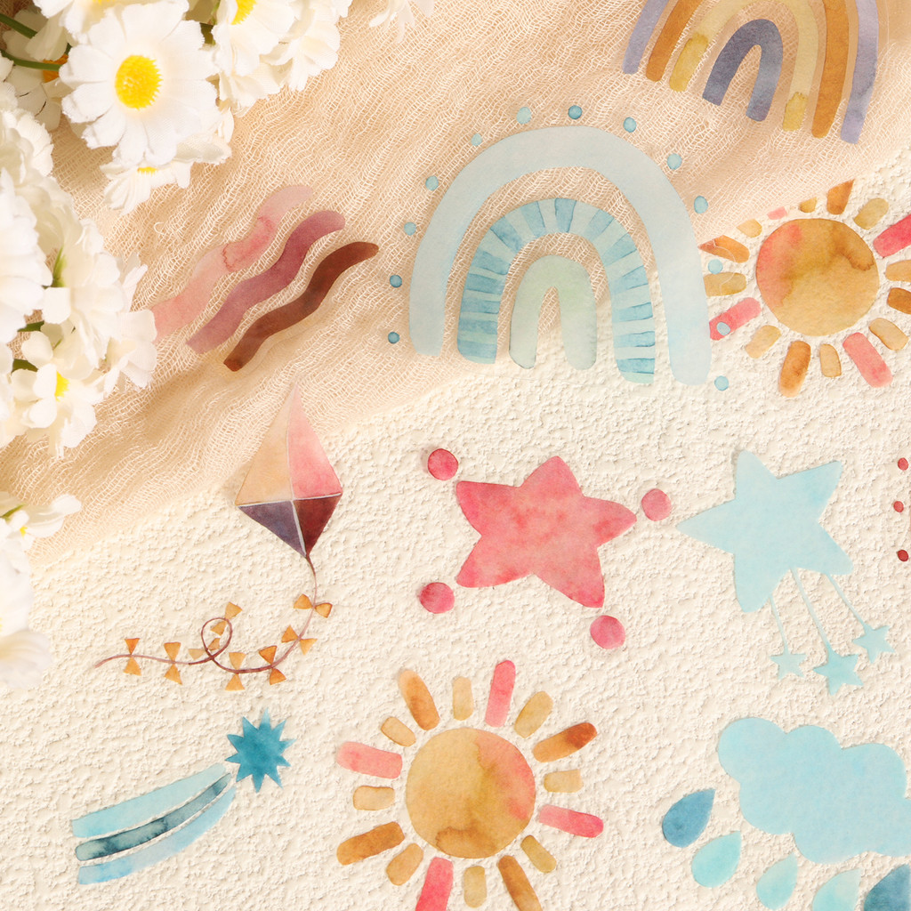 

56-58pieces PET Boho Watercolor Rainbow Transparent Sticker, for Water Bottle ,Laptop, Helmets, Rainbow WallArt.Scrapbooking