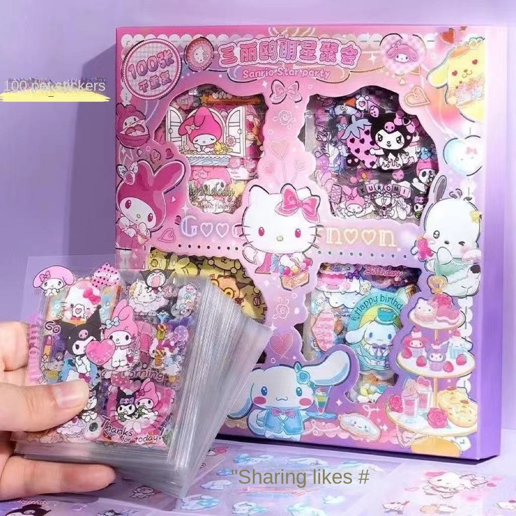

Hello Kitty Sanrio Non repeating 100 piece Sticker Set Cinnamoroll Kuromi Waterproof Stationery Sticker Gift Box Holiday Gift