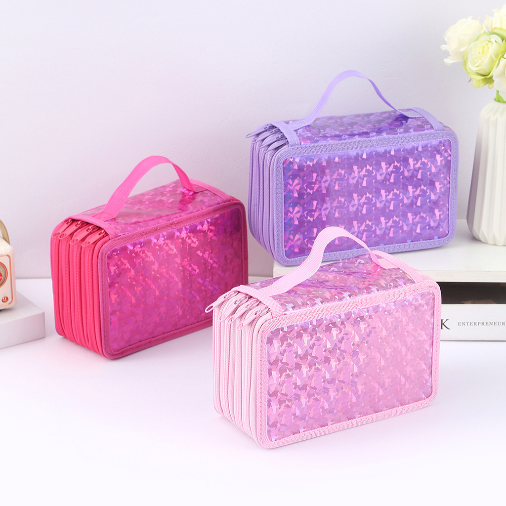 

1pc shiny four-layer zipper pencil case, portable exquisite stationery storage bag, essential art drawing pencil case for school