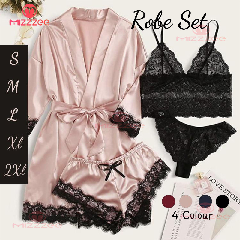 Berkualitas Mizzzee - Lingerie Sexy Kimono Silk Set Piyama Satin Baju Tidur Wanita Premium 884
