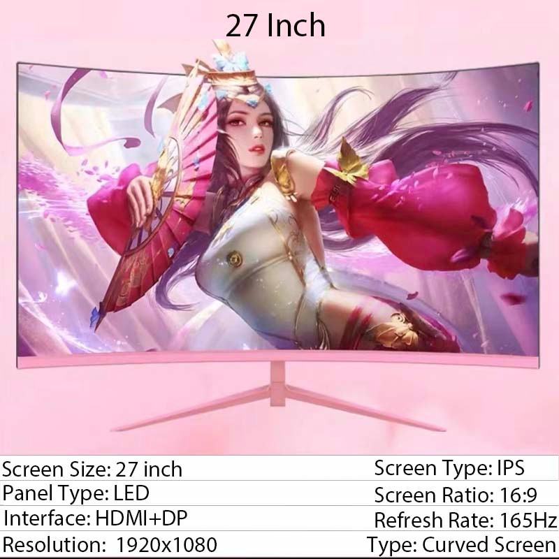 24inch 27inch Curved Monitor 1k 165hz 1800R Pink Gaming Display HDR10 Desktop Screen 1ms GTG With Fr