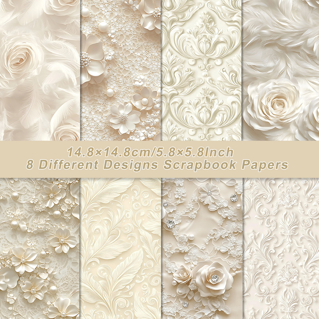 

8 Sheets Rose Feather Pattern Scrapbook Paper Pad Single Sided For Junk Journal Gift Wrapping Card Making Holiday Party Decor