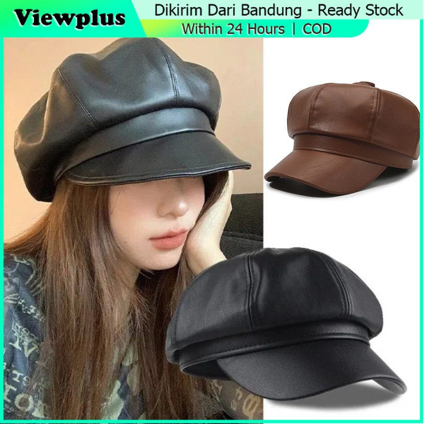 Topi Baret Beret Oktagonal Bahan Kulit Pu Gaya Korea Retro untuk Wanita