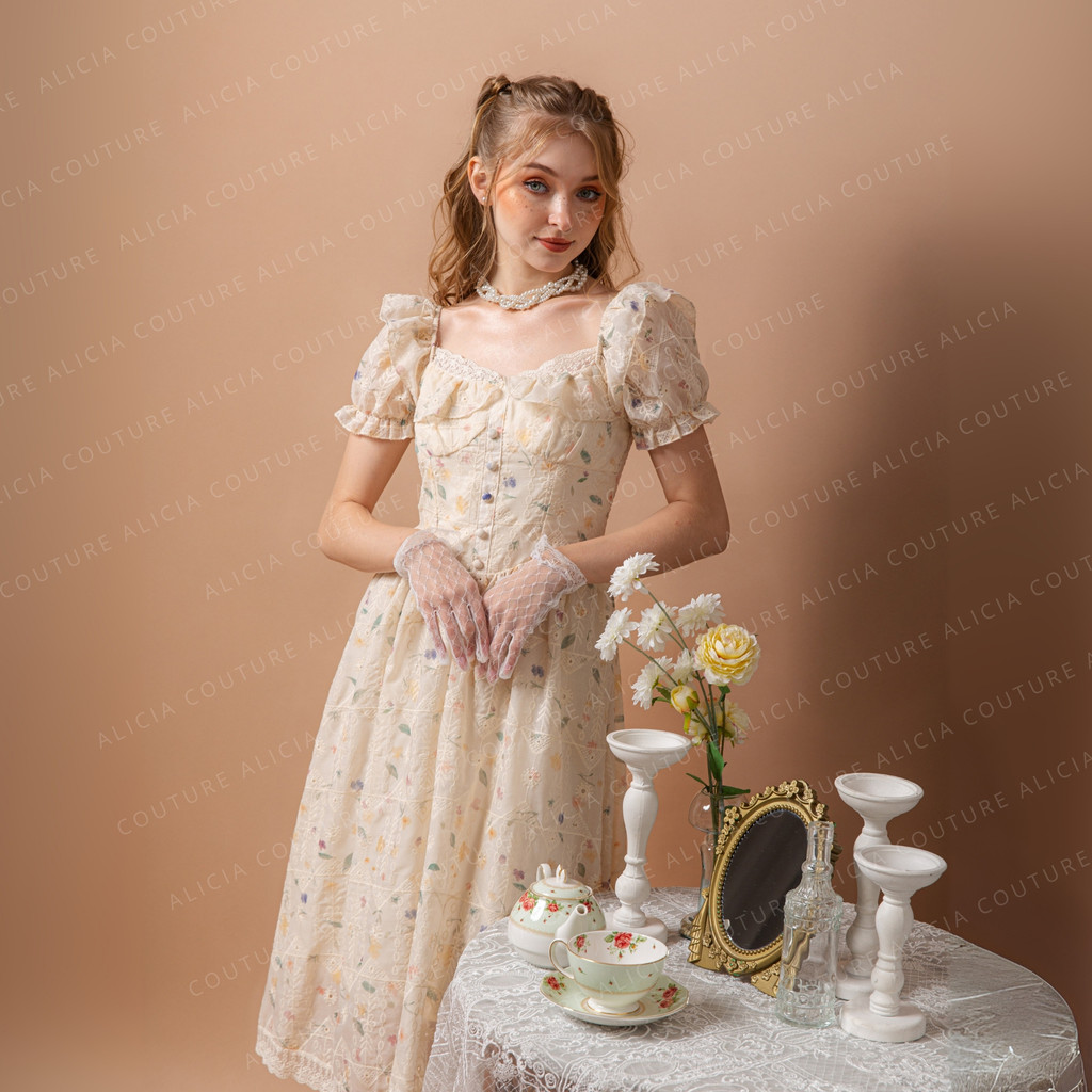 Aliciacouture - Helenz Cottage Dress - Vintage Garden Party - Tea Party Midi Dress - Korean Style