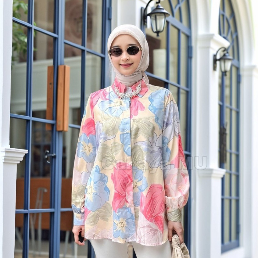 Kemeja Motif Bunga Wanita Lengan Panjang Baju Atasan Kasual Forma