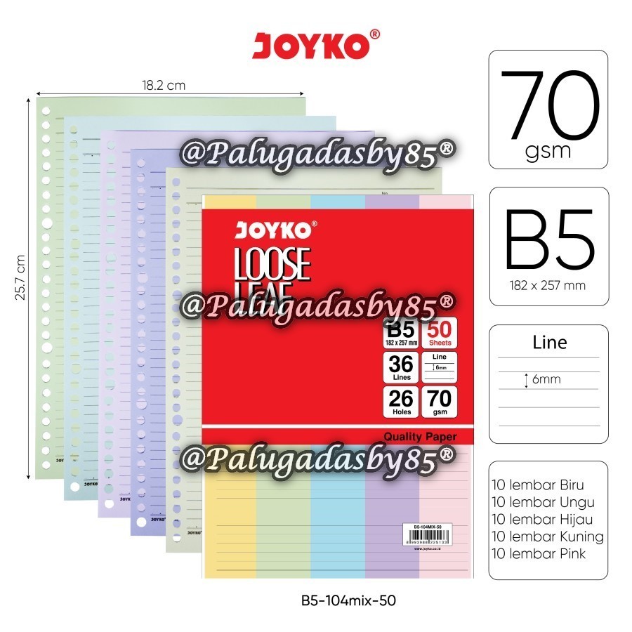 

(1 Pak Isi 50 Lembar) GROSIR Loose Leaf JOYKO B5 50 Rainbow / Loose Leaf Joyko B5-104MIX-50 Mix