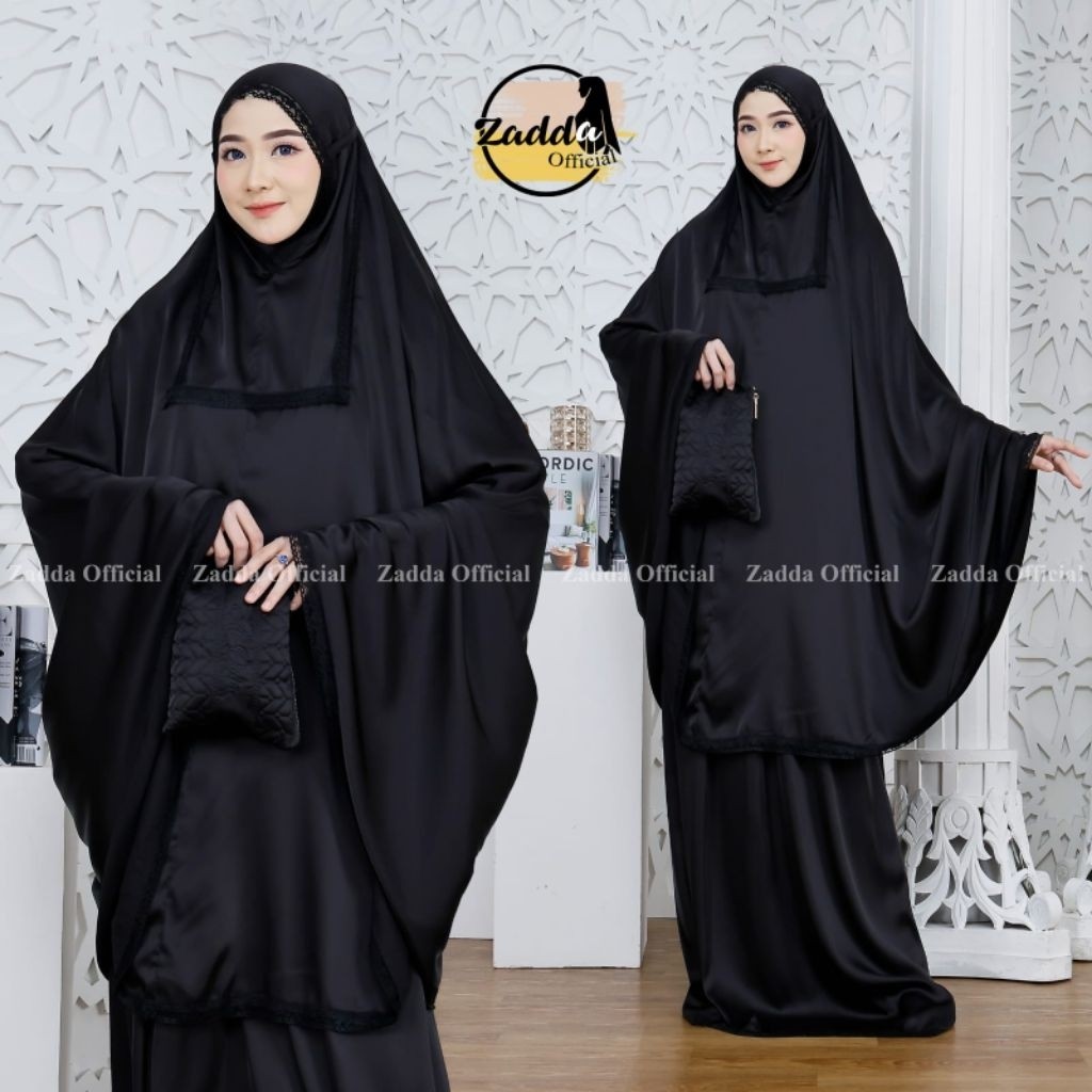 Mukena Silk Exlusif Hitam Jumbo Simpel Mewah Premium