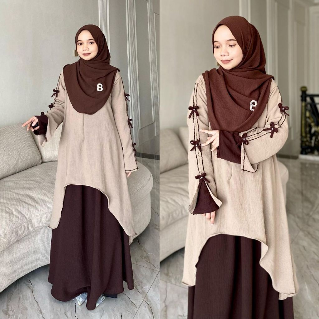 One Set Wanita Kekinian Rok Tunik Atasan Malaya Syari Crinkle COQUETTE Set Rok QINARA Malaya Kombina