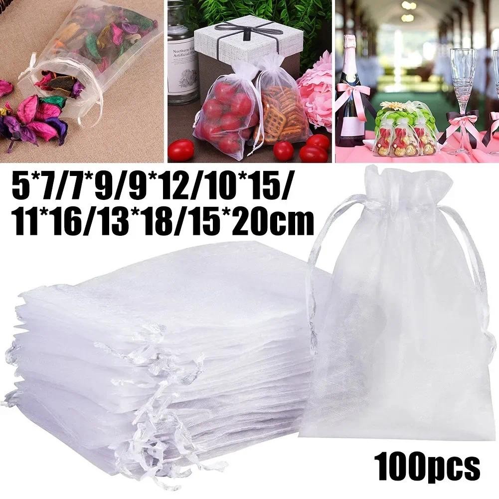 

100Pcs White Organza Bags Jewelry Drawstring Pouches Wedding Party Candy Bags Jewelry Packing