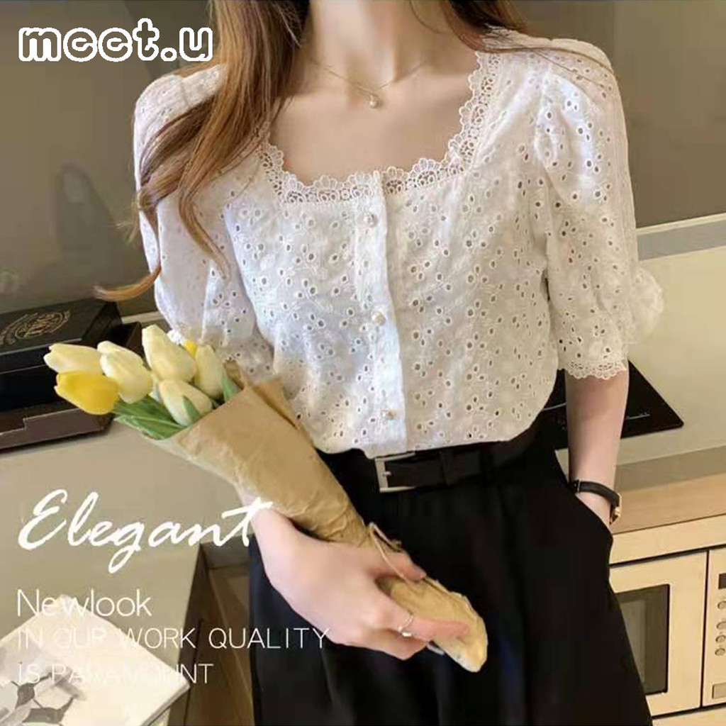 MEET.U Blouse Kasual Putih Berongga Wanita Kemeja Lengan Pendek Puff Sleeve Square Neck Renda Elegan