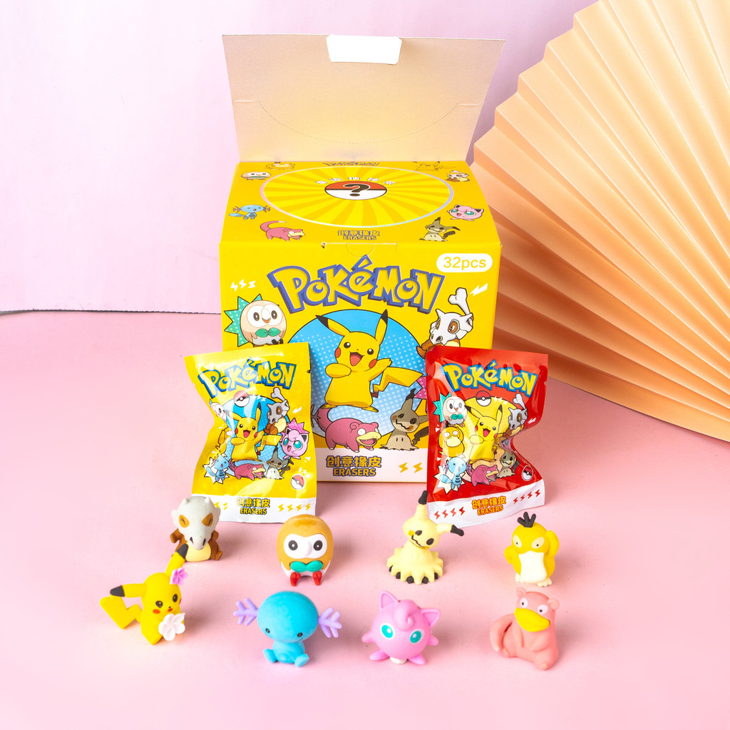 

32pcs/Set Pokemon/Sanrio Anime Hello Kitty Pikachu Figure Diy Cartoon Pencil Eraser Student School Stationery Kids Surprise Gift