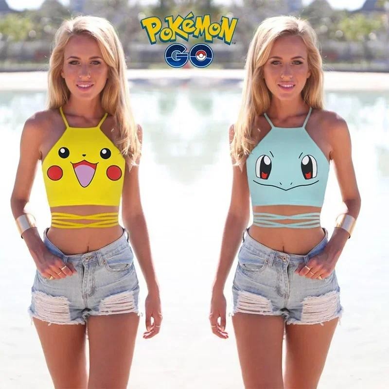 Pikachu Camisoles Anime Summer Women Sexy Crop Top Seaside Babes Tank Tops Hollow Strap Sleeveless T