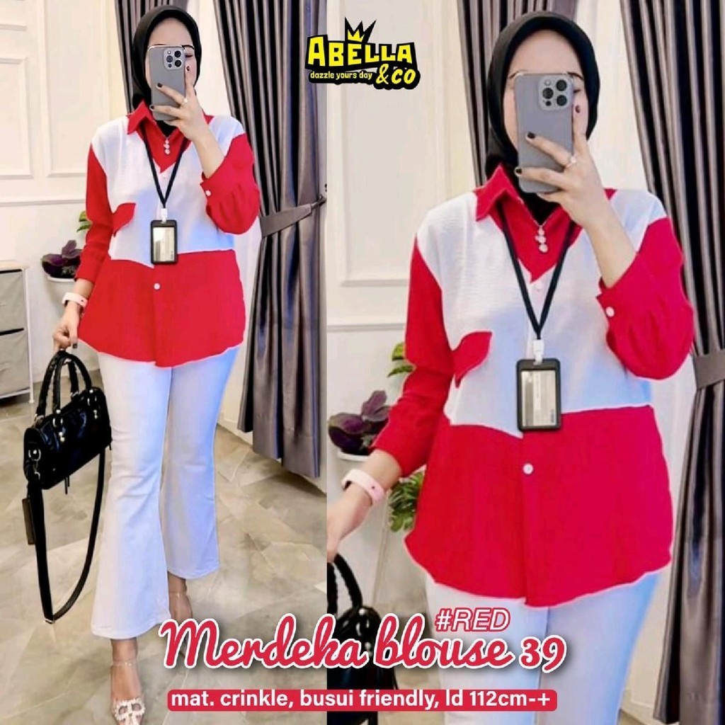 BLOUSE MERAH PUTIH BAHAN KATUN CRINKLE LD 110 TUNIK AGUSTUSAN KEMERDEKAAN MOTIF GARIS BUSUI KERAH KE