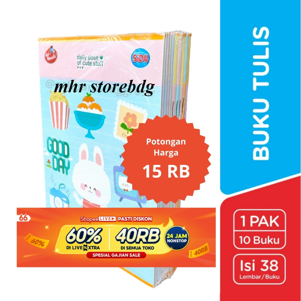 

Promo Buku Tulis Sinar Dunia 38 Lembar (SIDU) Ukuran Qwarto Cover Random - pack (10 buku)