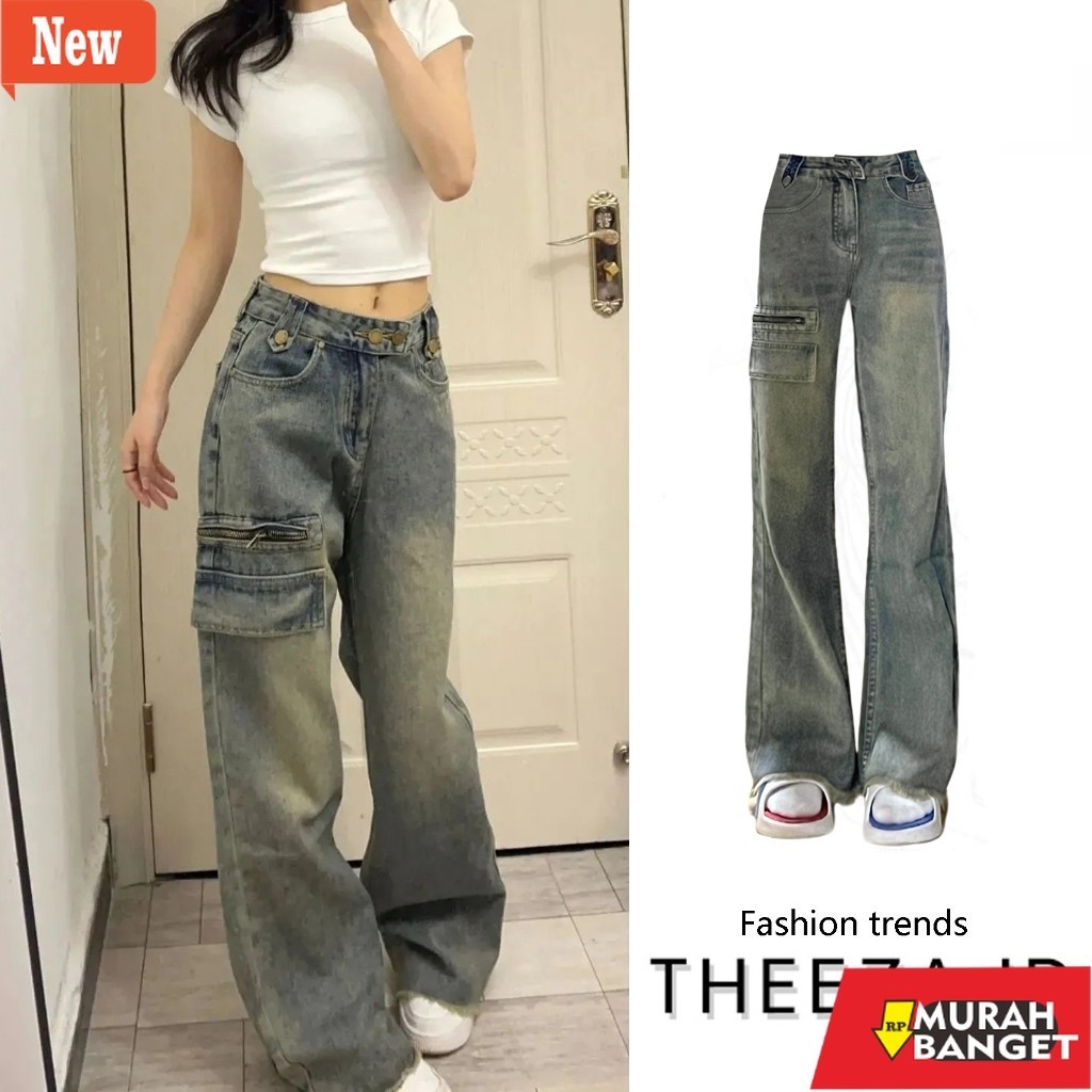 celana jogger wanita yg kekinian- Theeza Korean Style Celana Jeans  Ootd Retro Celana Kargo Wanita H
