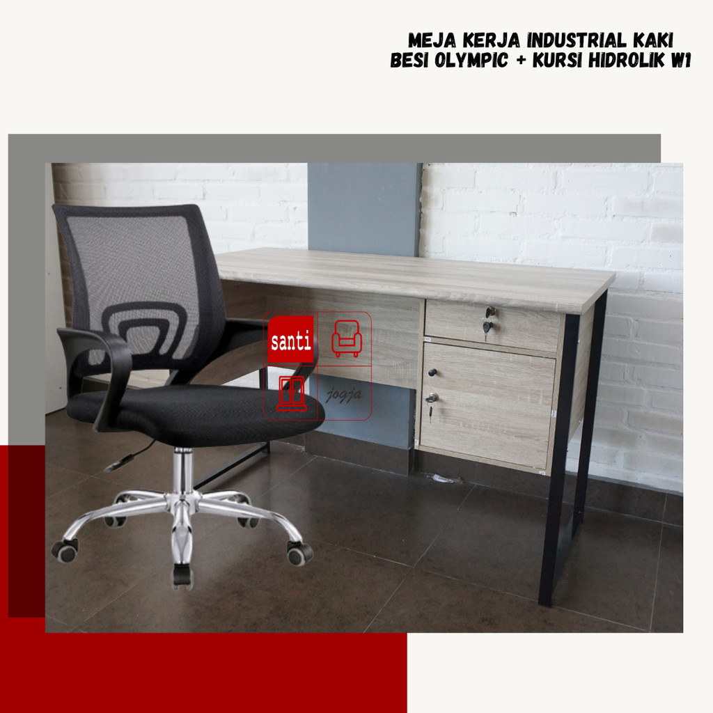 Bundling Meja kerja Industrial Kaki Besi Olympic + kursi hidrolik w1