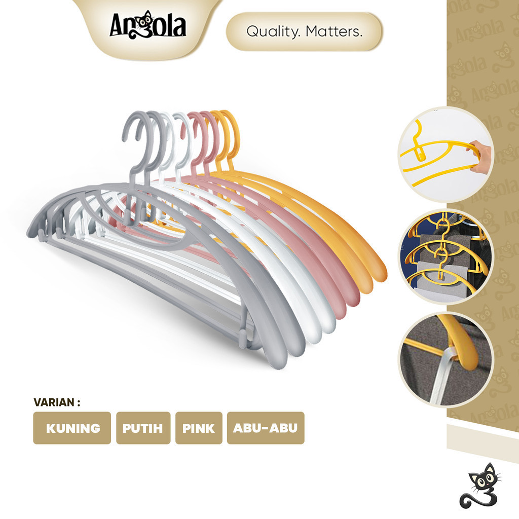 [GARANSI PATAH] ANGOLA Gantungan Baju Dewasa Premium Super Tebal Isi 5 PCS Dilengkapi Mini Hook Hanger Pakaian L02