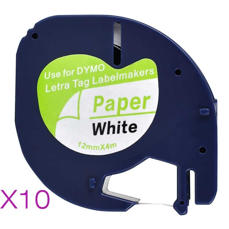

10 Compatible Dymo LetraTag 91200 Black on White (12mm x 4m) Paper Label Tapes for LT-100H, LT-100T, LT-110T, QX 50, XR, XM