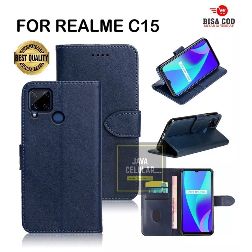 REALME C15 (2020) Leather Flip Cover - Wallet Case Kulit - Casing Dompet Case Wallet Leather Flip Ca