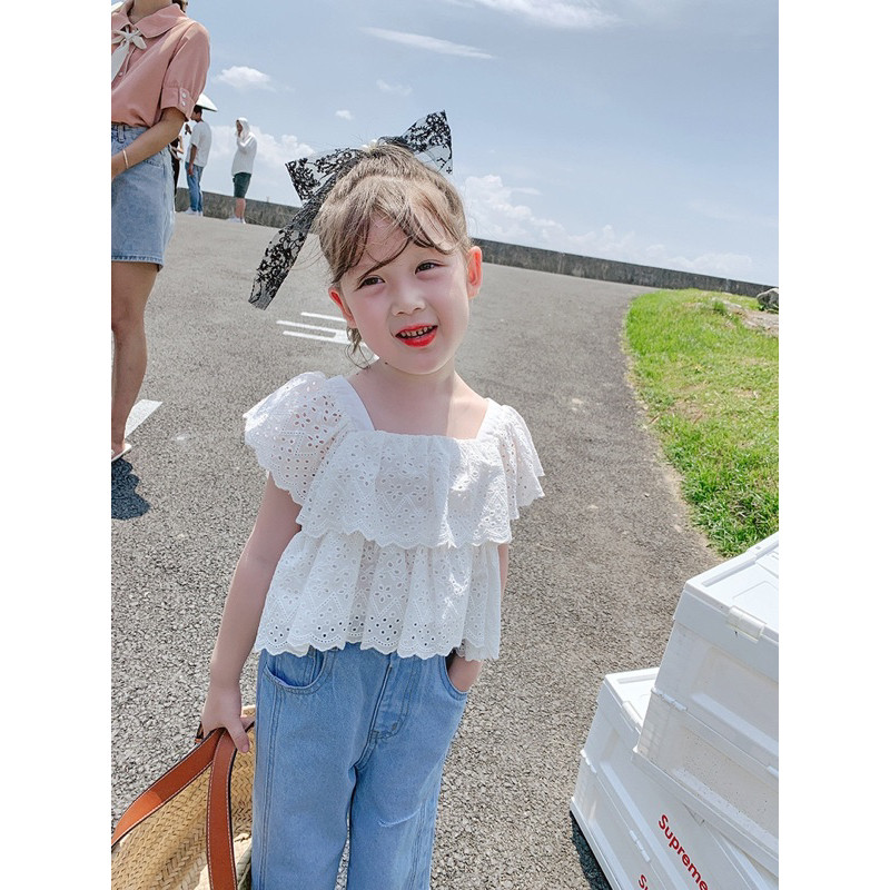 AE45TV [Mr.Gabor] Setelan blouse lace putih dan celana panjang jeans kulot anak perempuan / RISKA se