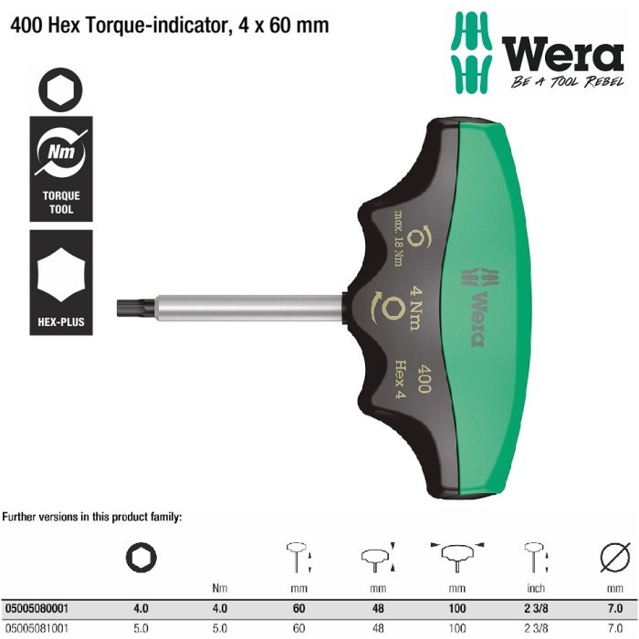 Wera 05005080001 - Kunci T Hex Torque-Indicator 4x60mm Tip 4.0 Nm - 18Nm