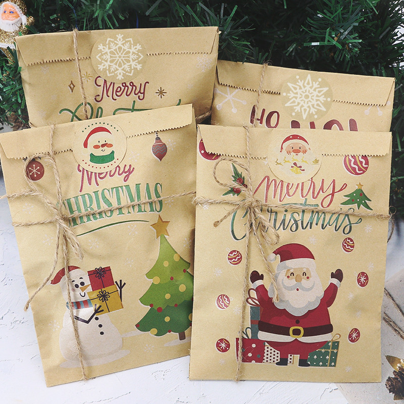 

24Set Christmas Kraft Paper Bags Santa Claus Snowman Xmas Party Favor Bag Christmas Candy Cookie Gift Bag Pouch Wrapping Supply