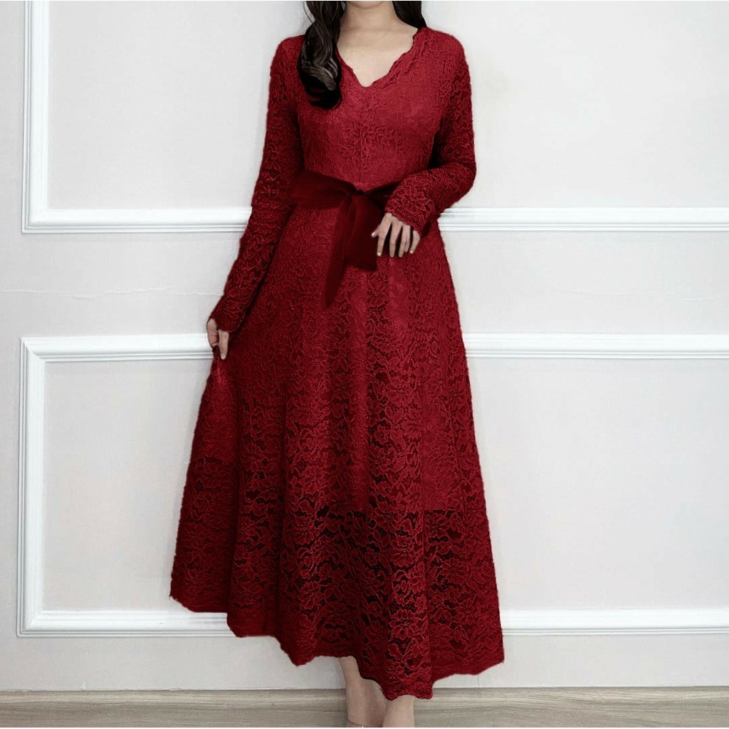 Dress Alya Brukat Dress Brukat Wanita Kekinian Dress Natal Cantik Fashion Wanita Cod