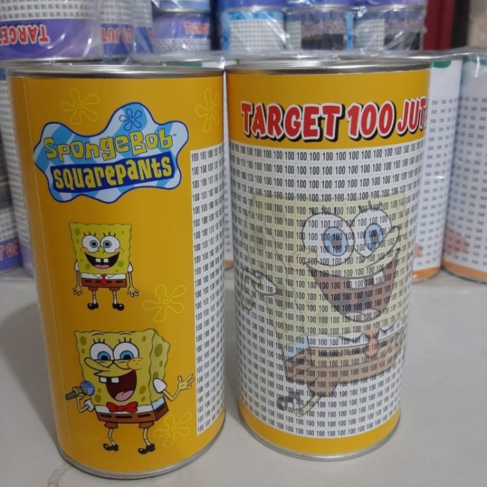 Celengan Target Brankas Kaleng Kotak Kayu Spongebob Kuning - Celengan Kunci Buka Tutup 10 juta 20 ju
