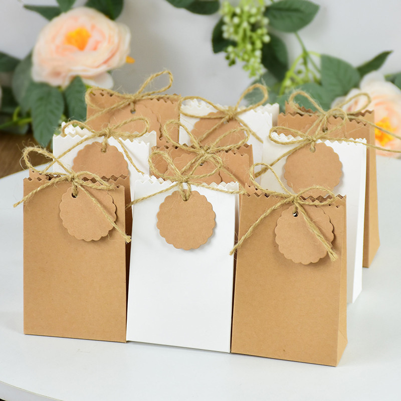 

10/20Pcs Retro Small Gift Bag with Rope Tag Baby Shower Birthday Party Favors Box for Guest Wedding Candy Food Packaging Bag