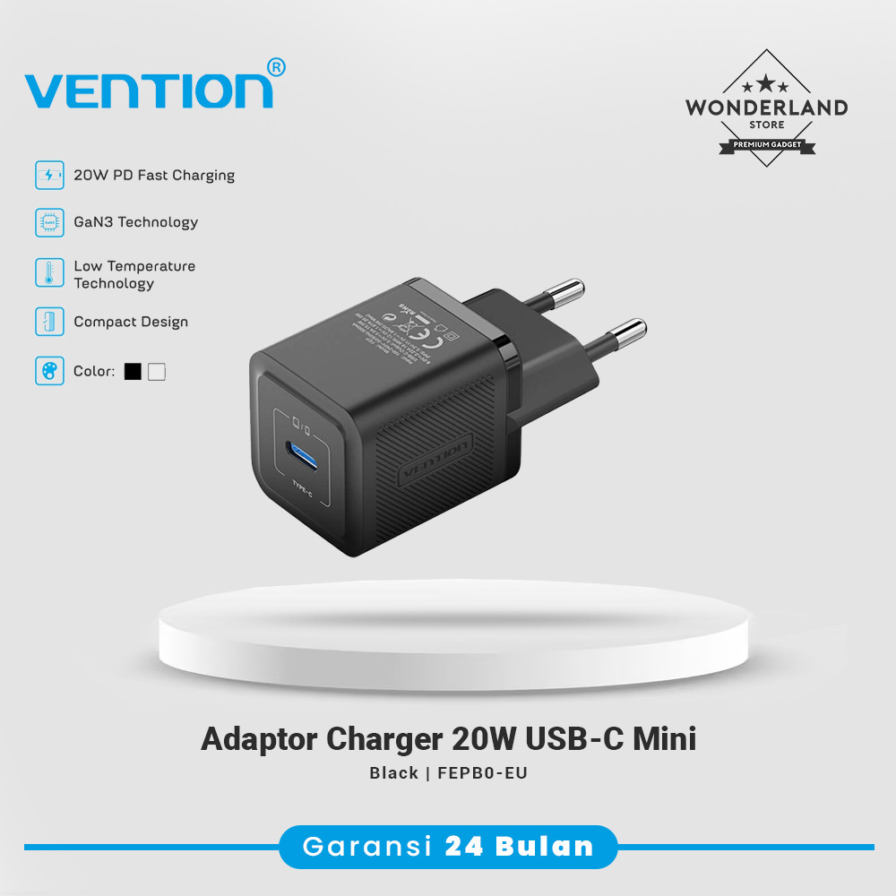 Vention Adaptor Charger 20W USB-C Mini Size PD Fast Charging FEP - Wonderland Store Malang