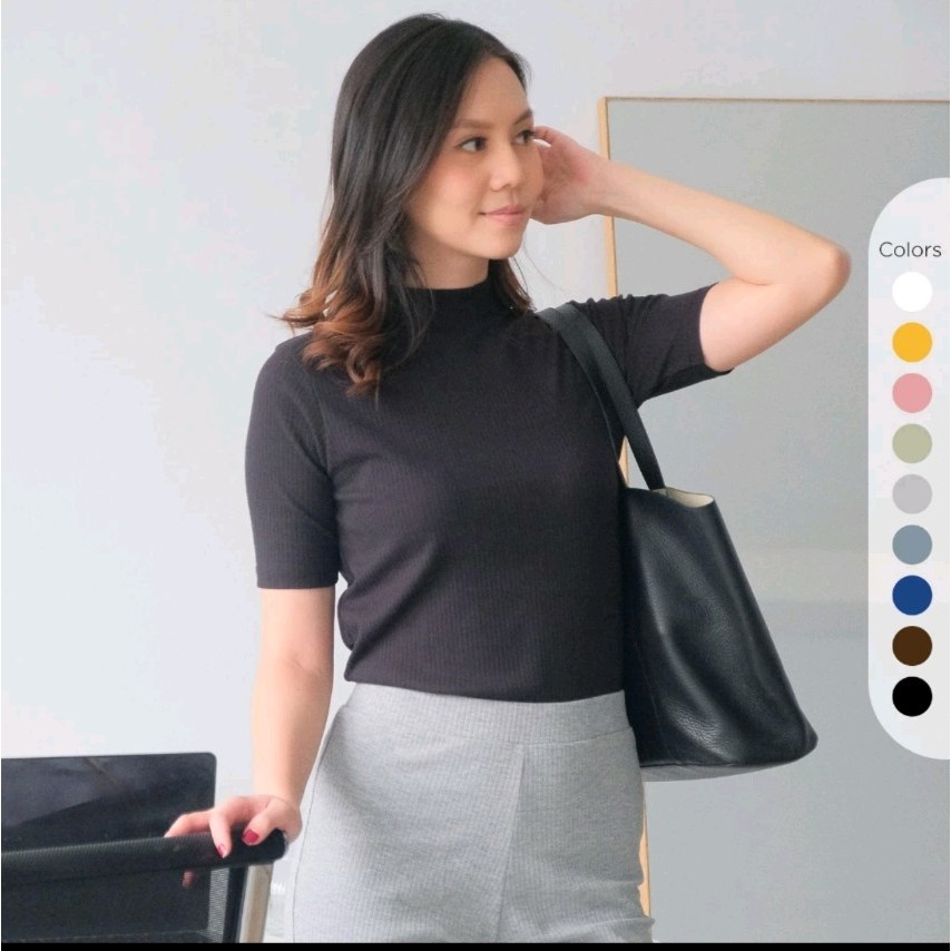 TURTLENECK LENGAN PENDEK WANITA / KAOS KERAH TINGGI LENGAN PENDEK BAHAN RAJUT RIB PREMIUM / MANSET B