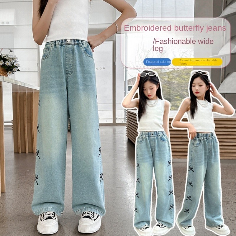 

Girls' Summer Thin Side Seam Embroidered Jeans Loose Straight Wide Leg Denim Trousers Teenagers Pure Color Washed Pants 6-15 y