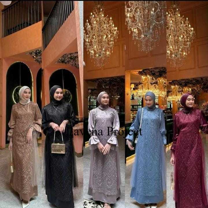DRESS LEBARAN SILK LUXURY LINNI GAMIS KONDANGAN BRUKAT TILE DOT PREMIUM MEWAH GAUN PESTA MUSLIMAH
