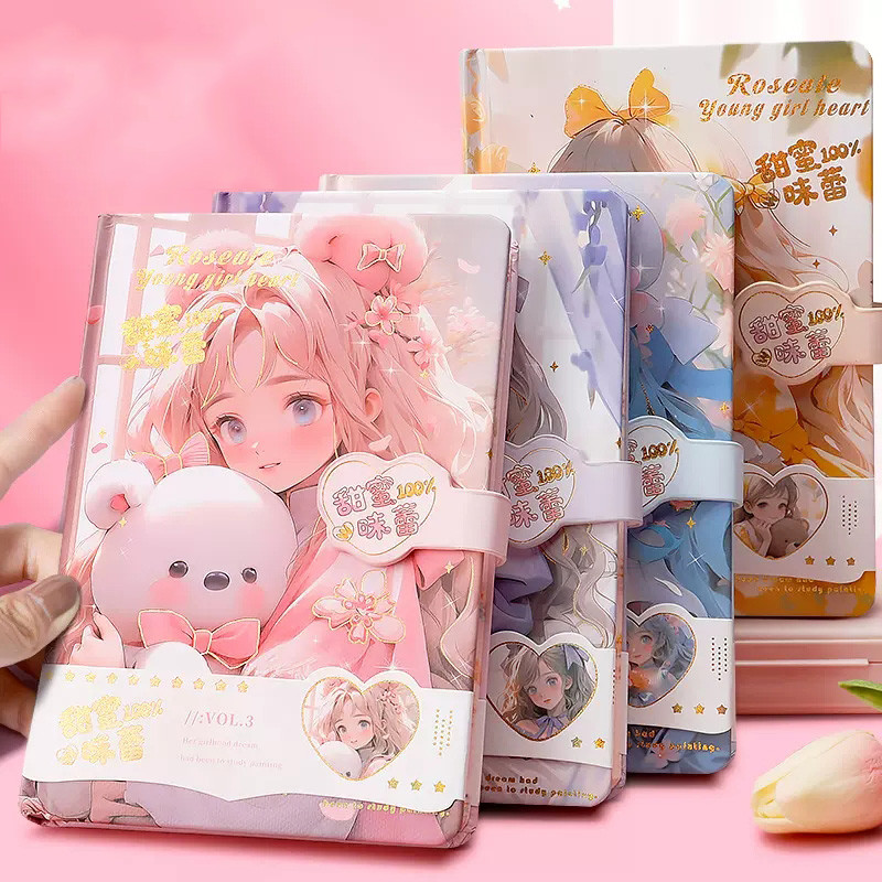 

Cartoon Beautiful Girl Notebook Color Page Illustration Hardcover Cute Diary Student Notepad Roseate Young Girl Heart Serie