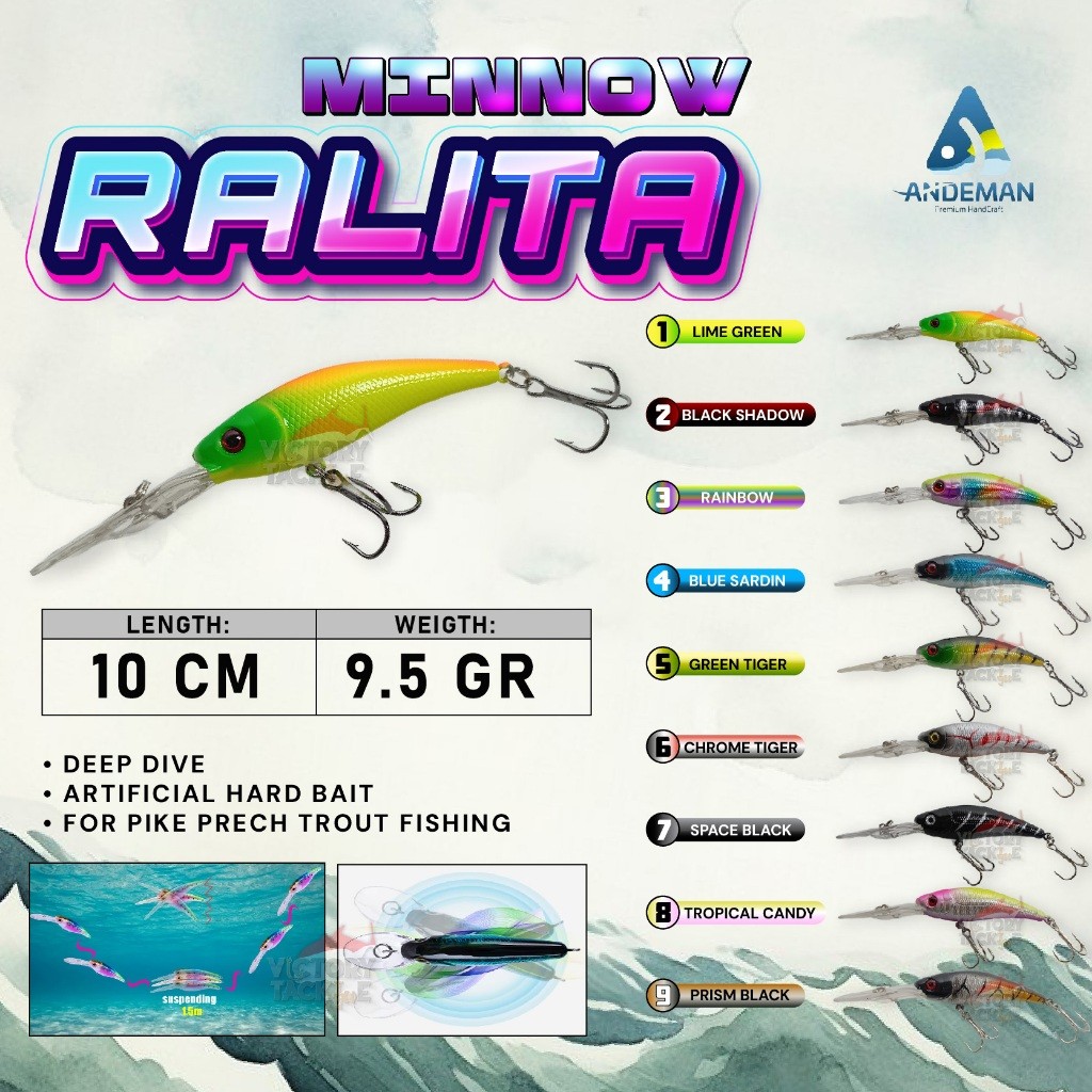 UMPAN PANCING ANDEMAN RALITA MINNOW DEEP DIVE SUSPENDING ACTION 10 CM 9.5 GR LURE MINNOW Casting Kak