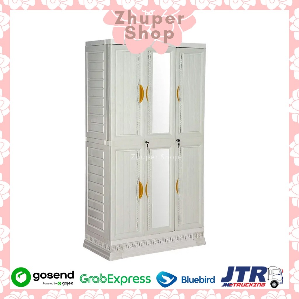 LEMARI PAKAIAN 3 PINTU CERMIN + LACI NAPOLLY CABRO 388 2CK MODERN / LEMARI 3P PLASTIK KACA / LEMARI 