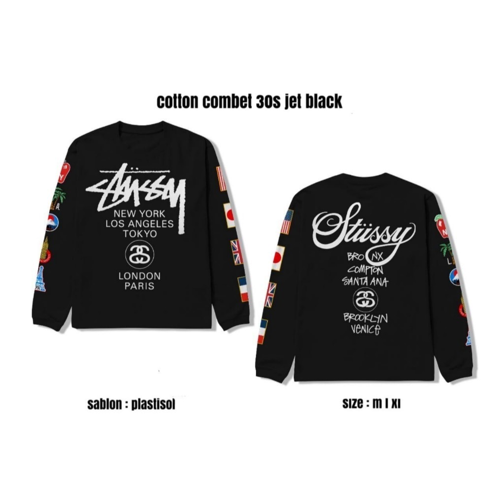 BAJU KAOS TSHIRT LONG SLEEVE LENGAN PANJANG STUSSY TOUR ICON AND FLAG BLACK