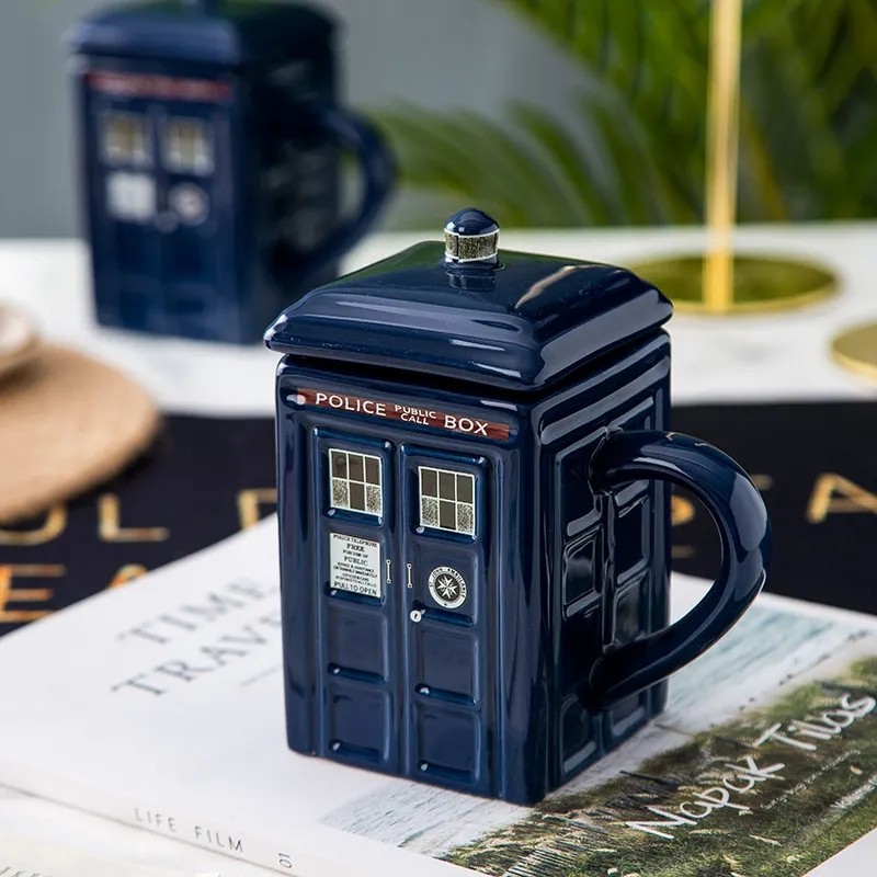 

Doctor Who Tardis Creative Police Box Mug Funny Ceramic Coffee Tea Cup With Spoon Gift Box In Blue and Milk Drinks Breakfast Cup