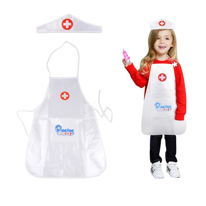 White Apron Doctor Nurse Cosplay Uniform Hat Costume Kids Pretend Play Toy Outfit Kids Educational T