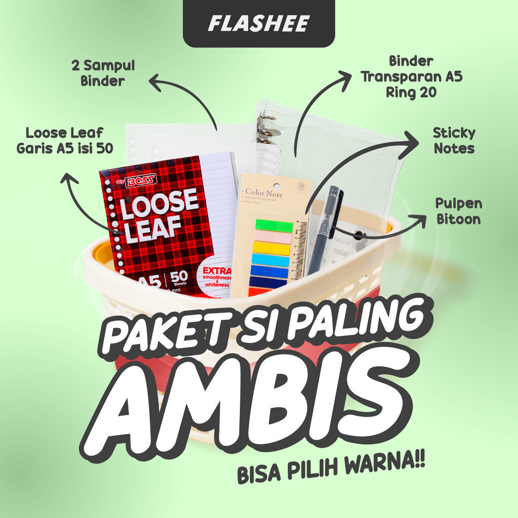 

FLASHEE Paket Binder Hemat 5IN1 Paket Buku Catatan Sekolah Kuliah Binder A5 Loose Leaf Garis 20 Lubang Pembatas Sticky Note Penanda Pulpen