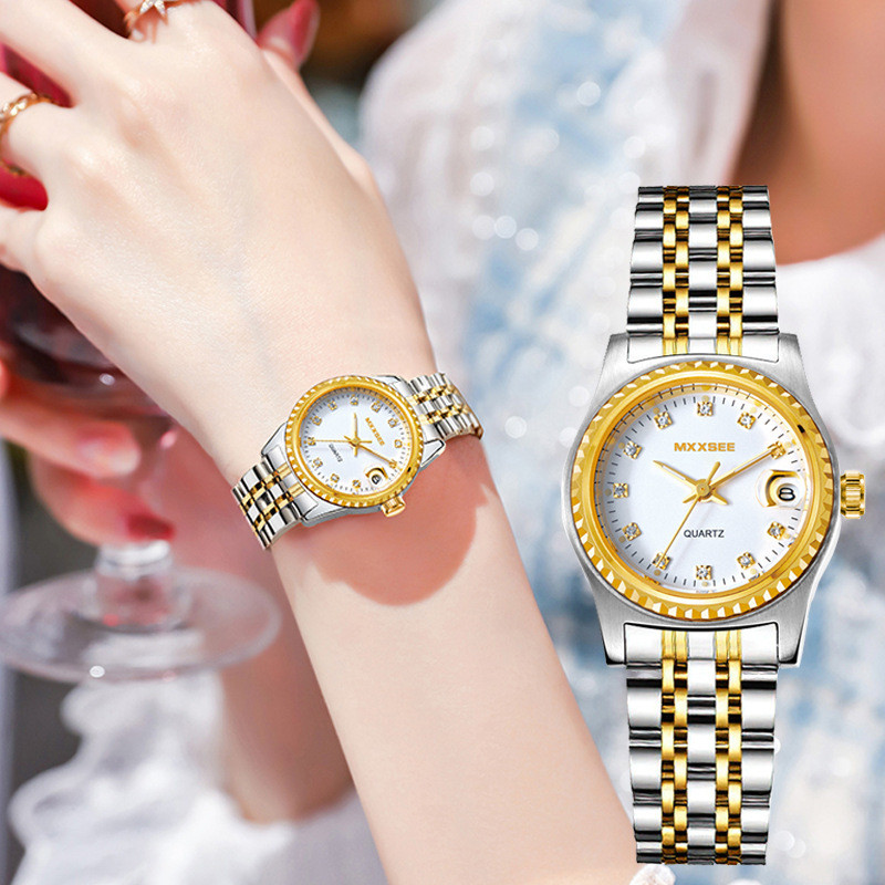 

Jam Tangan Wanita Merek Mai Shi One Piece Dropshipping Klasik Sederhana Titik Berlian Jendela Transparan Kalender Tahan Air Tali Baja Jam Tangan Wanita