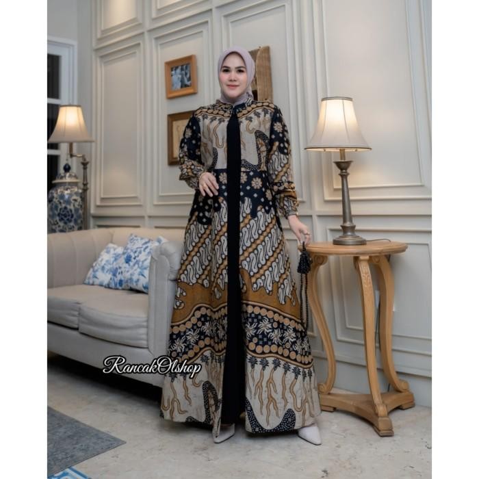 Gamis Batik Katun Kombinasi Jetblack Dress Batik Pesta Terlaris - Batik 1, Jumbo