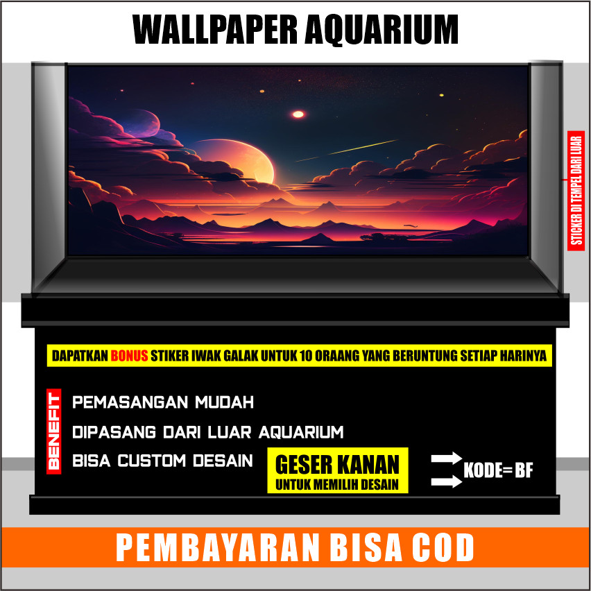 stiker background aquarium 3d timbul custome jumbo kaca akrilik besar full set moon bulan bf
