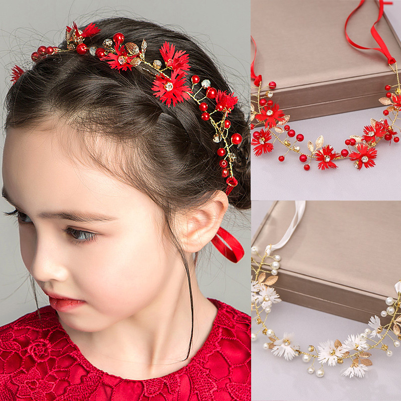 Pengiriman 24 Jam Mahkota Anak Perempuan Aksesoris Rambut Merah Hiasan Bunga untuk Pertunjukan Pesta