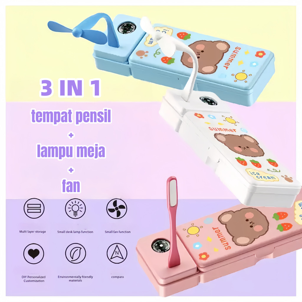 

【AQING】Tempat Pensil 3in1 Multifungsi/3 IN 1 Kotak Pensil Multifungsi Lampu Meja Kipas Angin Kecil