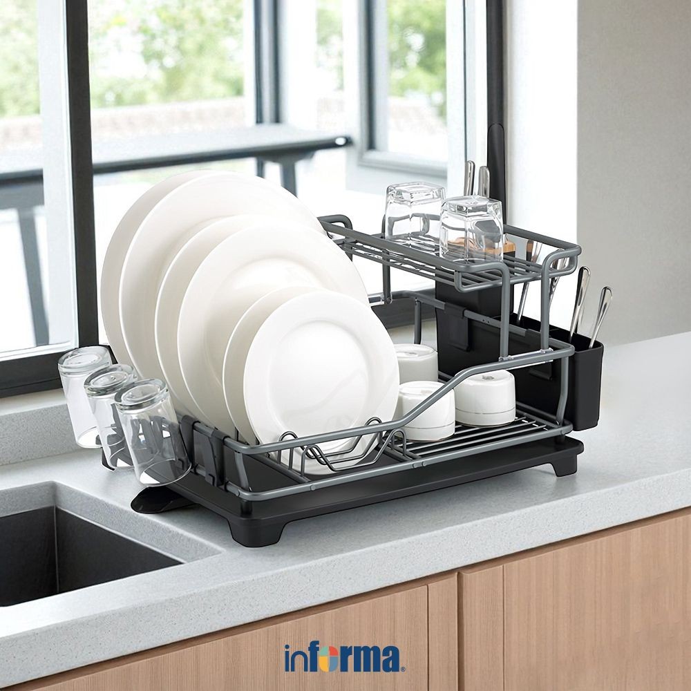 Informa Appetite Verner Rak Piring Dengan Tempat Pisau - Hitam Dish Rack Tempat Peralatan Makan Perl