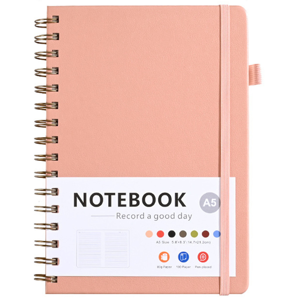 

A5 notebook grid, spiral notebook, 200 pages/100 sheets, 100gsm writing paper, PVC bag, pen loop, ruler, bookmark, 14.5x20.7cm